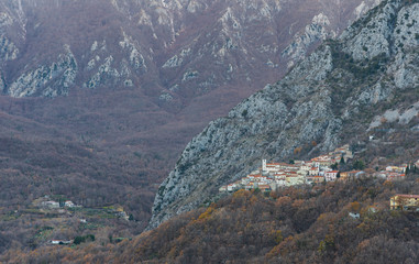 Landscapes of Molise. Monte Marrone e Castelnuovo al Volturno. Winter panorama from the historic...