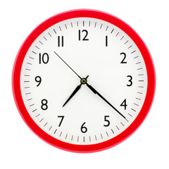 Clock with red round frame on white isolated background shows 7(19) hours 22 minutes_