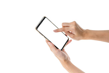 Technology concept: hand Holding smart phone and pointing at the screen with white background and clipping path