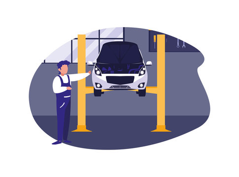 Repairman and car with overol in garage vector design