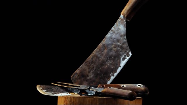 Rustic forged butcher meat knife, cleaver and fork