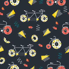Cotton fabric seamless pattern with bicycle and pineapple