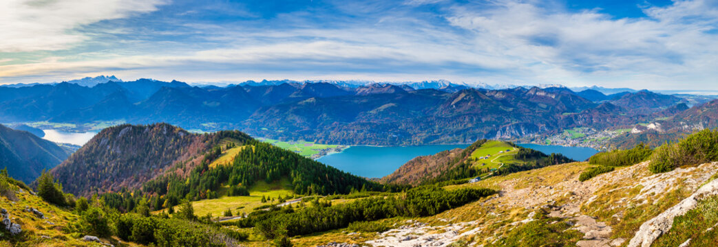 Picturesque autumn Alps mountain lakes view from Schafberg viewpoint, Salzkammergut, Upper Austria.