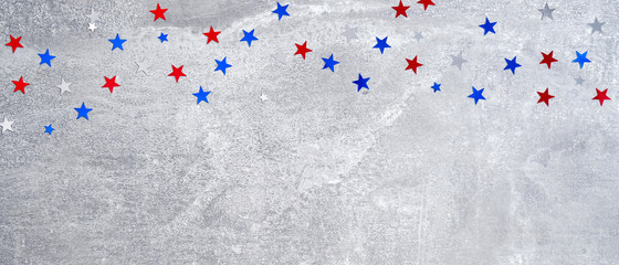 Happy Presidents day or Independence Day, Labor day, Memorial day banner mockup with American flags and confetti stars on concrete stone background.