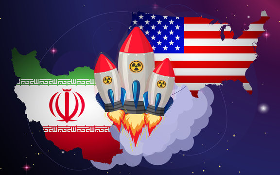 Map and flag of american and Iran, World war​ 3, USA and Iran,illustration of firing missiles. Iran USA conflict 2020 Middle East crisis. Iran versus USA, vector illustration.