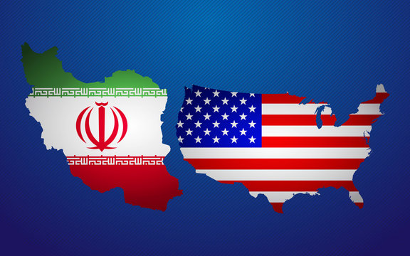 Map and flag of american and Iran, World war​ 3, USA and Iran conflict 2020 Middle East crisis. Iran versus USA, vector illustration.