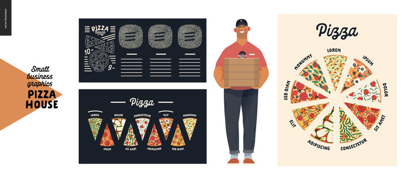 Pizza house - small business graphics - pizza guy and poster. Modern flat vector concept illustrations - pizza delivery man with few boxes, restaurant interior posters and chalk lettering