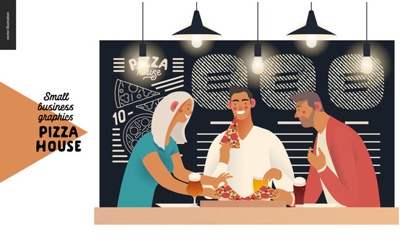 Pizza house - small business graphics - customers. Modern flat vector concept illustrations - restaurant visitors friends eating pizza at the table under the lamps, menu chalk on the blackboard behind
