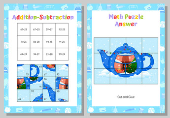 Naklejka premium Addition, Subtraction Math Puzzle Worksheet. Educational Game. Mathematical Game. Vector illustration.