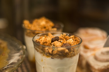 Cereal yoghurt in a display window in selective focus