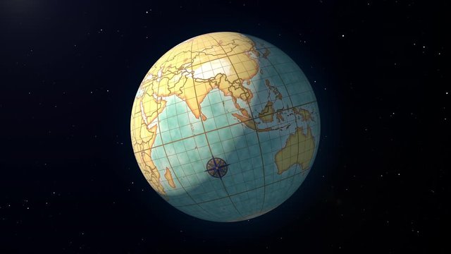 Sailing the ocean of the globe or map animation Animation of sailing boat on map unfolding old globe transforming in realistic sphere of the world. Route of sailing around the world contest like volvo