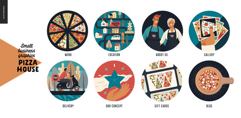 Pizza house - small business graphics - icons -modern flat vector concept illustration of website template elements -icons menu, location, about us, gallery, delivery, concept, gift cards, blog