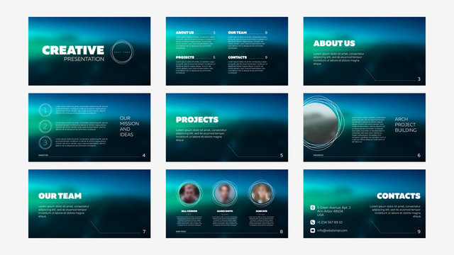 Presentation vector template. Green and blue color on blur background. Universal mockup set with main page, about company, team and project list. Modern design for print, web or tablet demonstration.