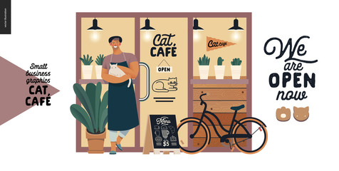 Cat cafe -small business graphics -owner at the shop front. Modern flat vector concept illustrations - man wearing apron and hat petting white cat at the cafe front. Shop entrance and facade, bicycle