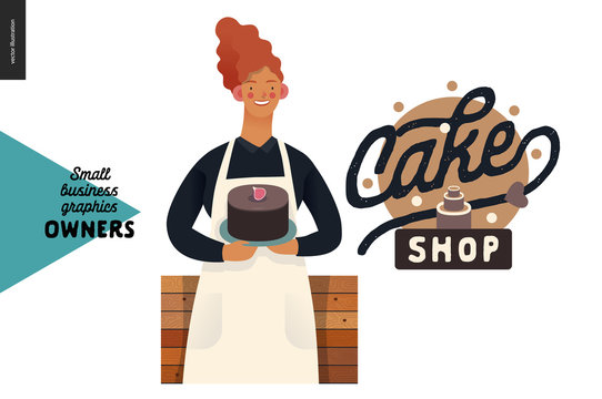 Cake shop -small business owners graphics -owner with a chocolate cake. Modern flat vector concept illustrations - young woman wearing white apron, standing at the wooden counter. Shop logo
