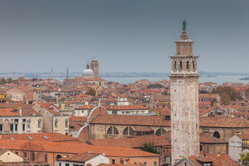 Fototapeta na wymiar Aerial view of Venice, with Frari Basilica and San Geremia church, Italy