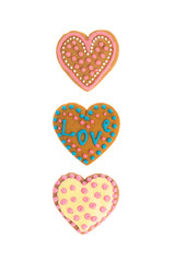 Three heart-shaped gingerbread cookies with different icing patterns. Holiday bakery. Sweet biscuit. Dessert. Valentine's day, March 8th, Mother's Day, Christmas. Isolated on white background