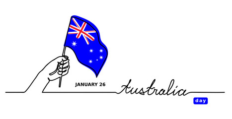Australia day one line vector  sketch. Australian flag and hand. Simple background with continuous line drawing and letterin Australia.