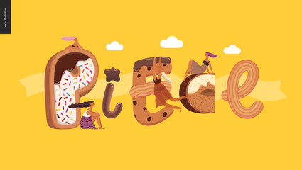Dessert lettering - Piece - modern flat vector concept digital illustration of temptation font, sweet lettering and girls. Caramel, toffee, biscuit, waffle, cookie, cream and chocolate letters
