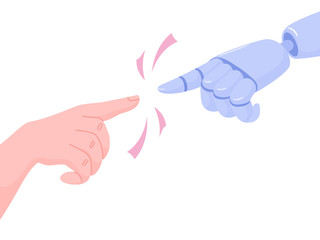 Robot and human hand reaching each other, trying to make a contact, symbol of connection, communication between people and artificial intelligence, vector illustration isolated on white background