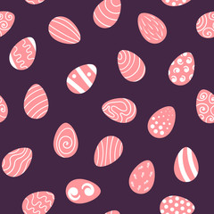 Seamless pattern with pink Easter eggs on dark purple background. Flat vector illustration.