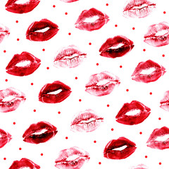 Red lipstick kisses with red polka dots seamless pattern. Love, Valentines Holiday Background. Sexy , sensual. Lipstick imprint