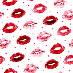 Tapeten Rote Lippenstiftküsse mit nahtlosem Muster der roten Tupfen. Liebe, Valentinstag Urlaub Hintergrund. Sexy, sinnlich. Lippenstift-Aufdruck © turcanlena