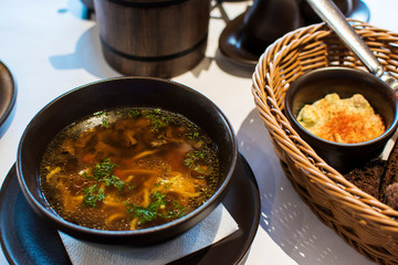 Mushroom soup in bowl. Close-up view.