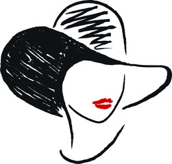 Abstract woman portrait in hat with red lips . Chalk isolated character on white background . Concept for print, logo, icon , cards 