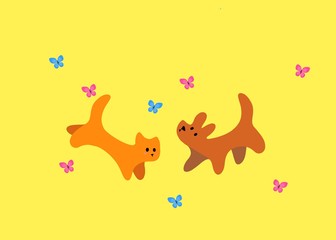 background with cat and dog cartoon illustration on yellow background 