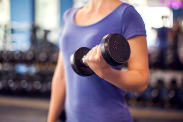 Fototapeta na wymiar Woman training with dumbbells in the gym. People, fitness and health concept