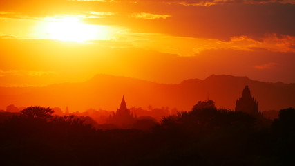 closeup of beautiful sunset over Bagan temple plain, Myanmar, Asia
