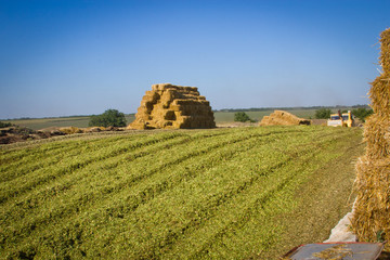 Agriculture.  pyramid of straw bales on a green field