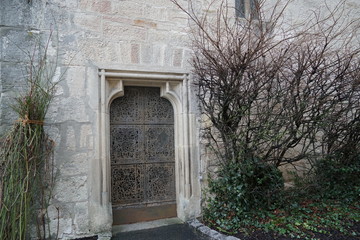 Metal  entrance door with smithing or wrought metal decoration in a white stone wall surrounded by leafless high bushes, ivy and rose bushes in winter, like in a castle of Sleeping Beauty. 