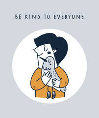 Cute boy hugging bird. Be kind to everyone. Human save animals, earth, nature. Animal lover concept card