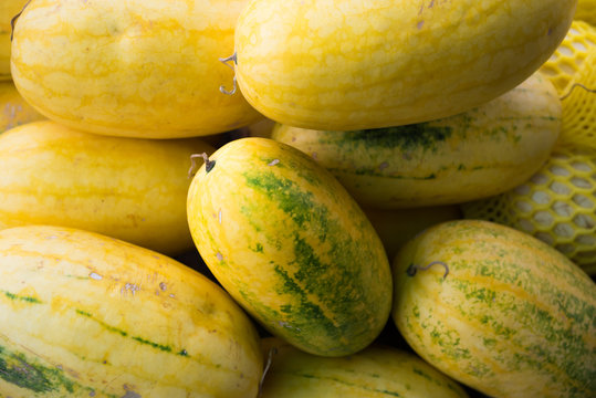 Pile Of  Fresh Yellow Skin Watermelon.