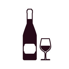 wine bottle with glass cup block line style icon