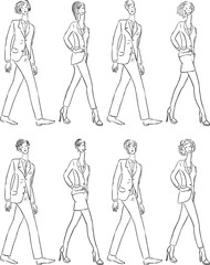 Vector contour drawings of young people in classical business suits