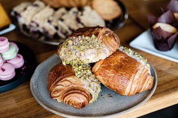 Plate of croissants in a bakery