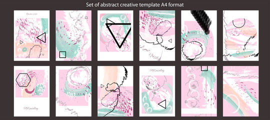 Set of pink abstract creative template A4 format splashes and strokes of paint with gelometric elements