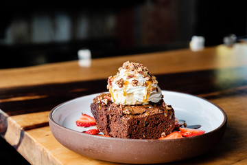 Brownie sundae with whipped cream