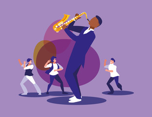 Musicians with saxophone and dancers vector design
