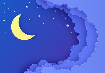 Night sky in paper cut style. 3d background with dark cloudy landscape with stars and moon papercut art. Sky with stars. Cute cardboard origami clouds. Vector card for wish good night sweet dreams.