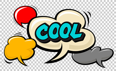 Cool pop art cloud bubble. Smile, wow, pow, cool, ok, oops, wtf funny speech bubble. Trendy Colorful retro vintage background in pop art retro comic style. Illustration easy editable for Your design.
