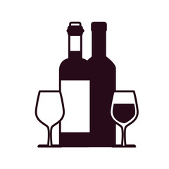 wine bottle with glass cups block line style icon