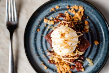 Brownie and ice cream on a plate