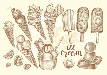 Ink hand drawn set of different types of ice cream. Popsicle on a stick. Food elements collection for menu or signboard design with brush calligraphy style lettering. Vector illustration. - 314337938