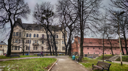 Fototapeta na wymiar Lviv old city architecture with cloudy weather in the winter season