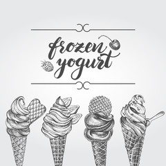Ink hand drawn background with ice cream, italian dessert gelato, frozen yogurt. Food elements collection for menu or signboard design. Vector illustration with brush calligraphy style lettering. - 314338318