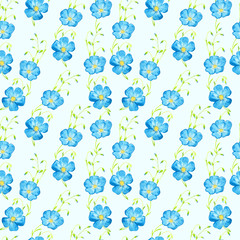 Linum perenne (perennial flax, blue flax, lint) blue flowers on green stems  with buds, hand painted watercolor illustration, seamless pattern design on white background